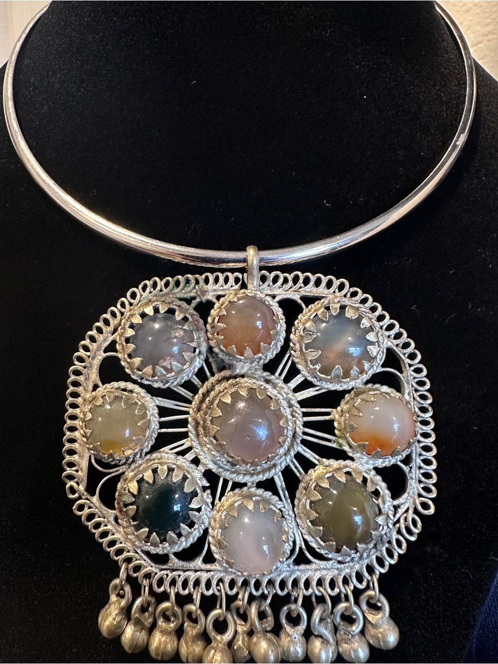 Silver Multi-Stone Statement Pendant Necklace - Neutral Tones